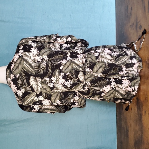 Tropical floral romper with tassles pink flower palm fronds and ferns - Picture 10 of 15